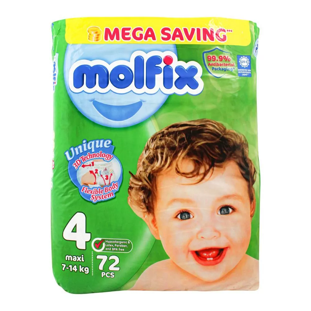 Molfix Diapers Size 4, Maxi, Mega Pack, 7-14 Kg, 72-Pack Molfix Diapers Size 4, Maxi, Mega Pack, 7-14 Kg, 72-Pack