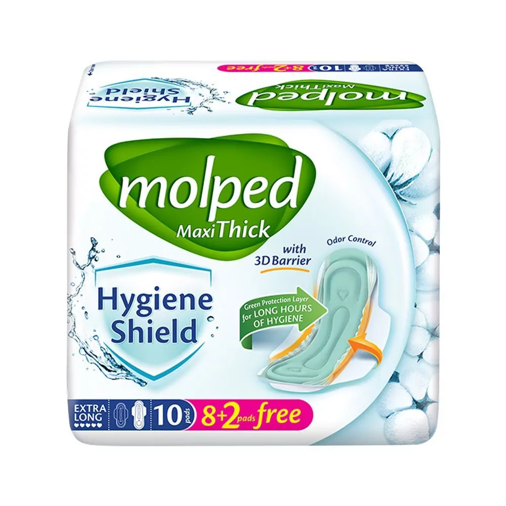 Molped Maxi Thick Hygiene Shield With 3D Barrier Extra Long Sanitary Pads, 8+2 Molped Maxi Thick Hygiene Shield With 3D Barrier Extra Long Sanitary Pads, 8+2