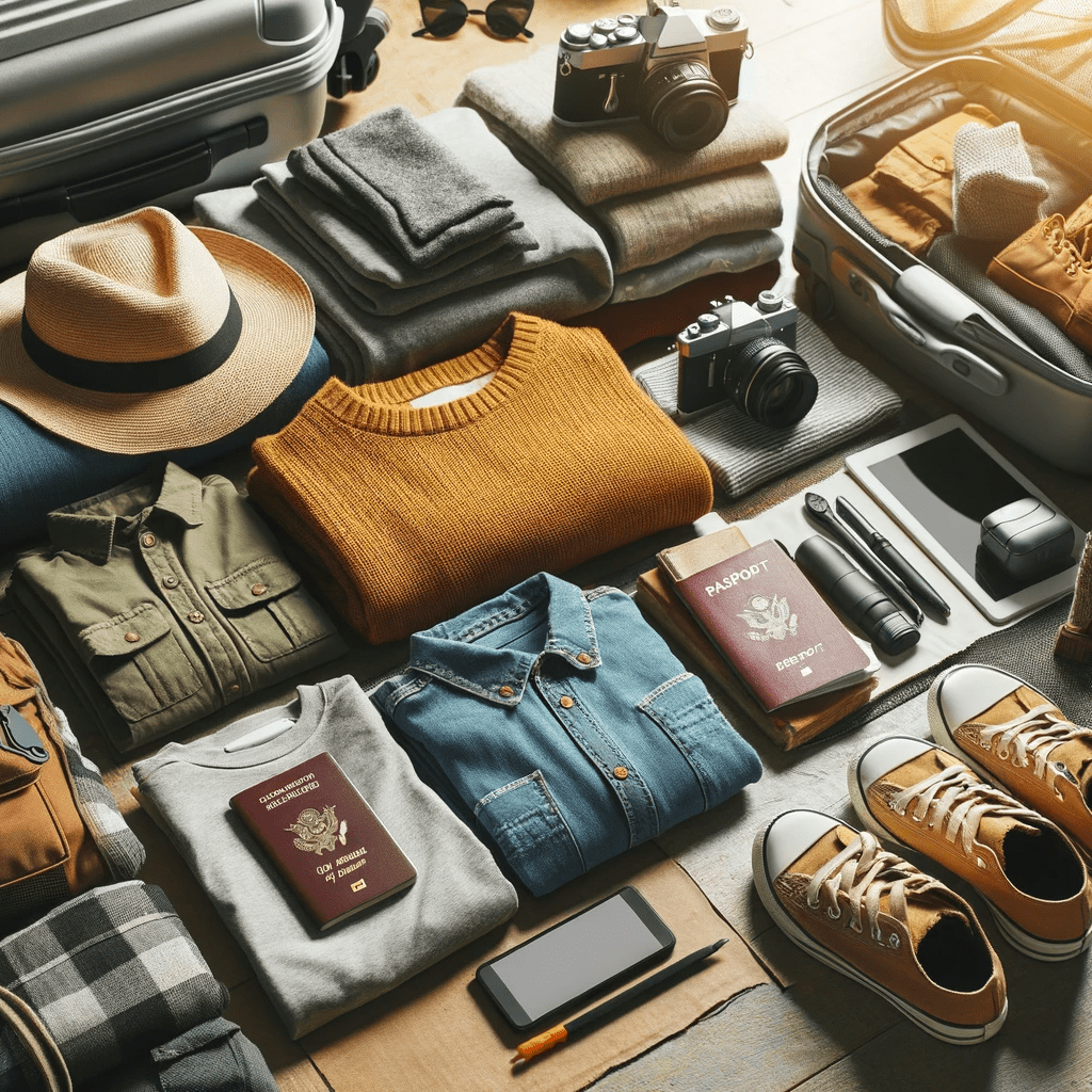 A well-organized display of travel essentials, including a suitcase, backpack, clothing, shoes, a camera, passport, and travel guide, arranged to inspire readiness for adventure. The image caters to travel enthusiasts, highlighting the must-pack items for any trip and evoking a sense of excitement and exploration.