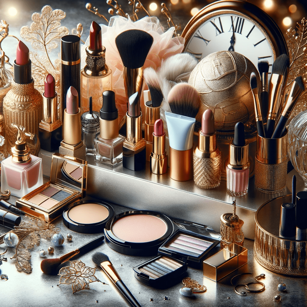 A luxurious display of women's beauty must-haves, featuring a range of makeup items like lipstick, mascara, foundation, and skincare essentials such as moisturizers, serums, and face masks. Set in an elegant and stylish environment, the image captures the essence of a comprehensive beauty routine, appealing to those passionate about makeup and skincare.