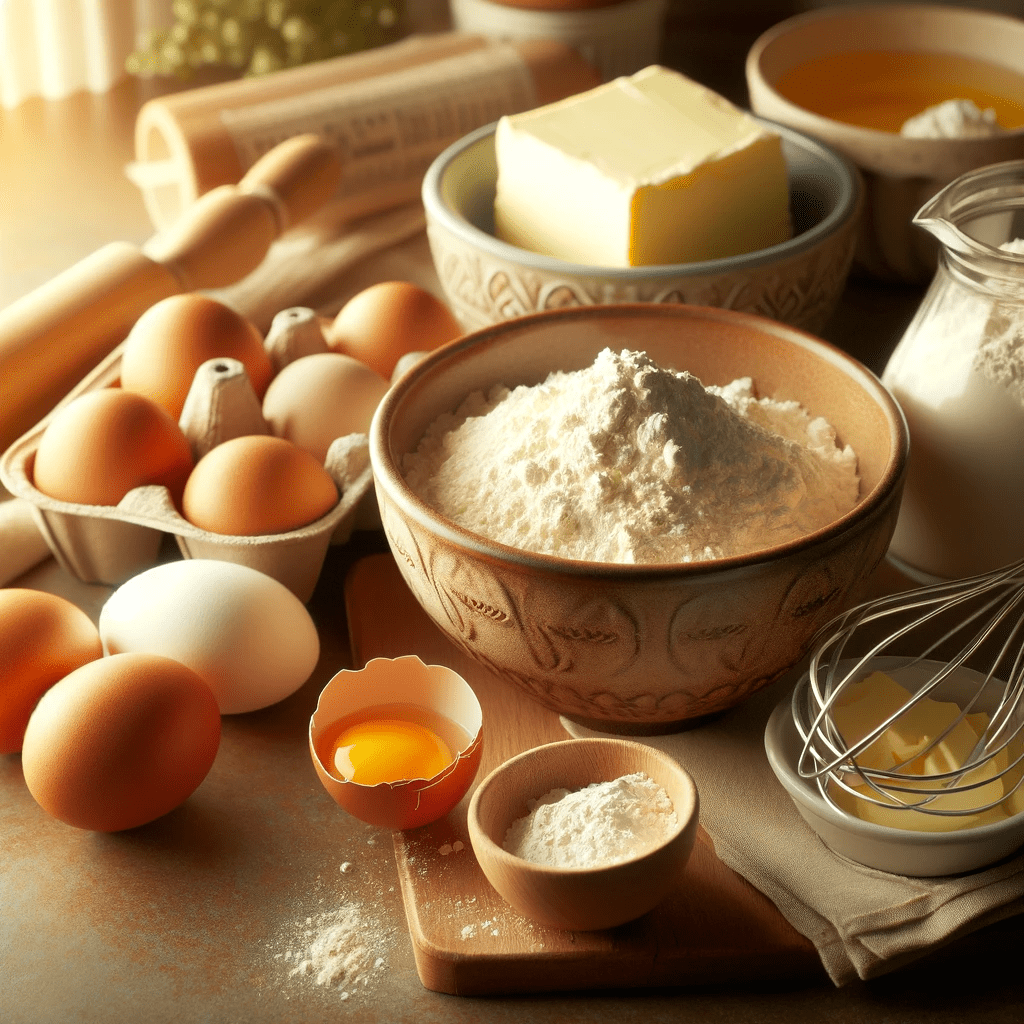 A heartwarming display of basic baking essentials, including a mixing bowl, whisk, flour, eggs, butter, and a rolling pin, arranged on a kitchen counter. The image exudes a homely and nurturing ambiance, perfect for inspiring beginners to explore the delightful art of baking.