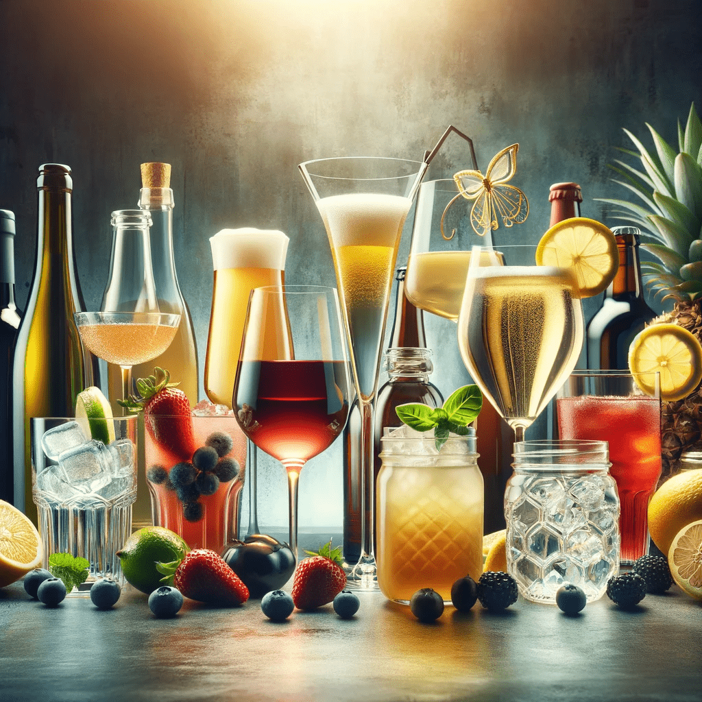 An assortment of beverages including fine wines, craft beers, elegant cocktails, refreshing soft drinks, and healthy juices, each elegantly presented in suitable glassware. The image reflects a sense of celebration, relaxation, and well-being, appealing to diverse tastes and occasions.