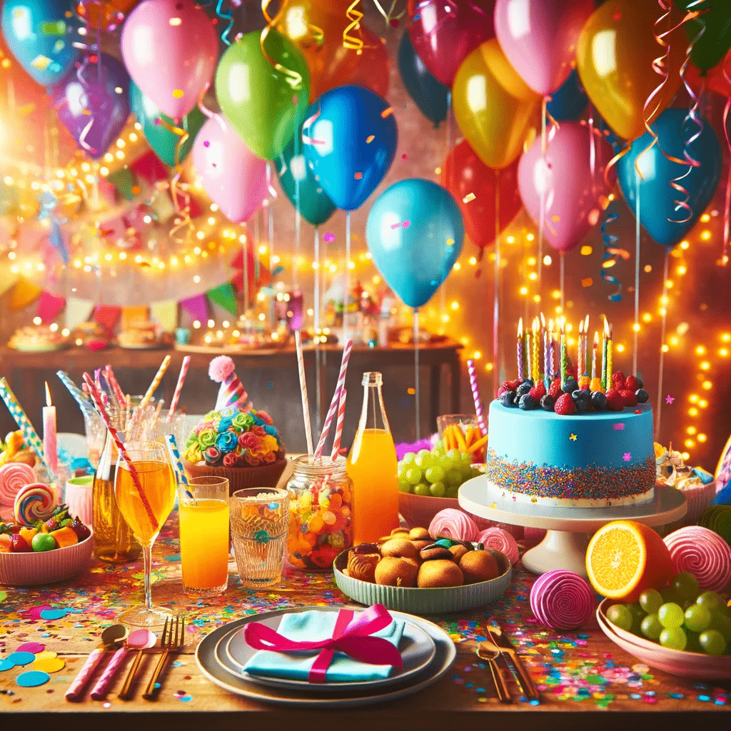 A festive party scene with vibrant balloons, colorful streamers, confetti, and a table adorned with a variety of party foods, drinks, and a cake, creating a joyful and celebratory atmosphere, ideal for a blog post about party planning.