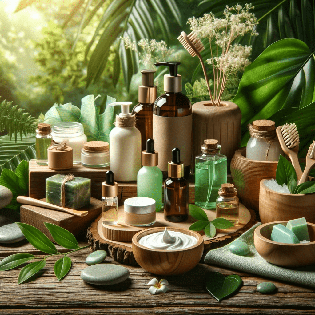 An assortment of natural and organic personal care products, including skincare creams, shampoos, soaps, and essential oils, displayed among green leaves and wooden elements, portraying a peaceful, eco-friendly, and health-oriented lifestyle.