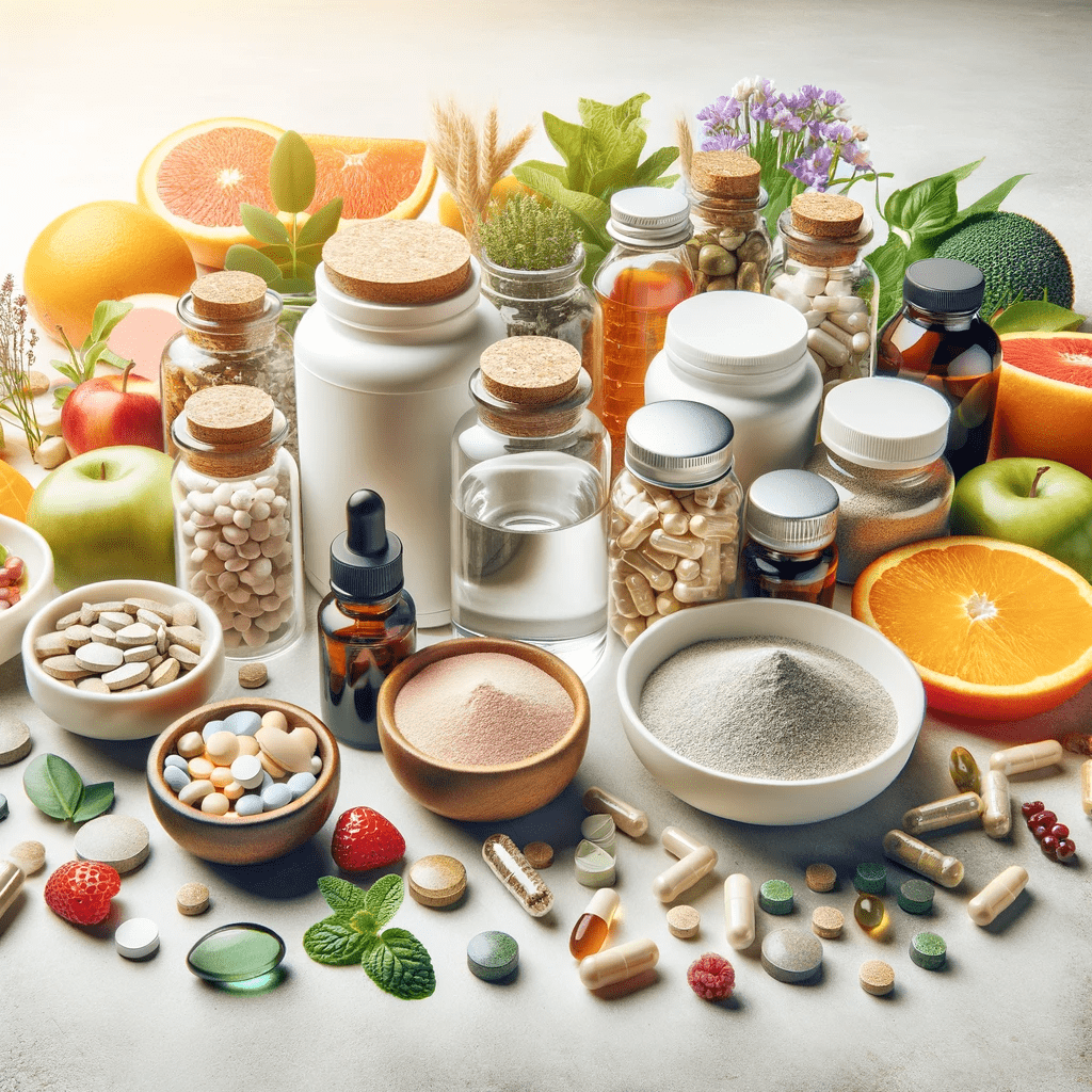 Assorted nutritional supplements including vitamins, minerals, and herbal capsules, neatly arranged against a backdrop featuring natural ingredients. The image represents a health-conscious lifestyle, focusing on the role of supplements in maintaining wellness.