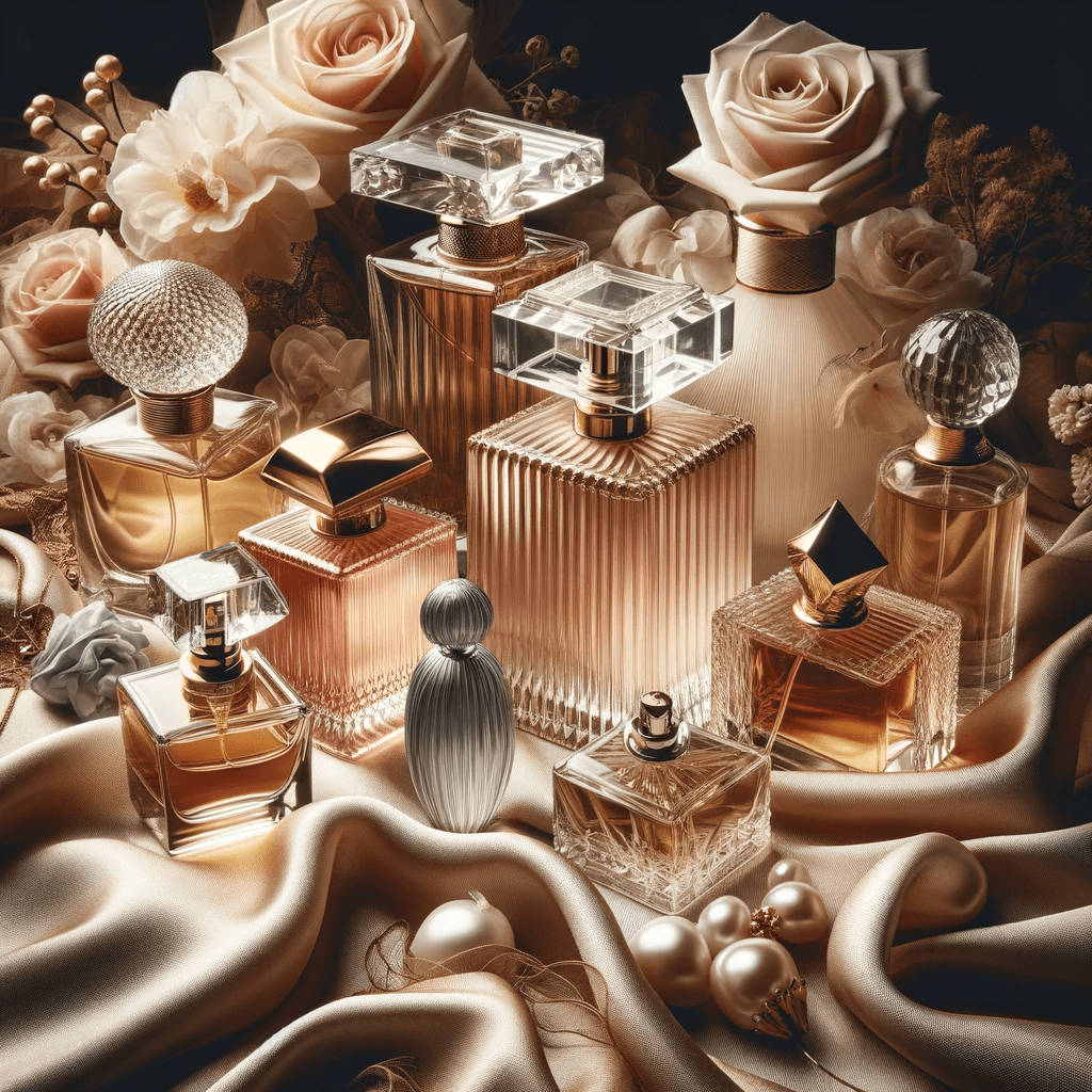 A selection of diverse and elegant perfume bottles, each differing in shape, size, and color, set against a luxurious backdrop with elements like flowers and satin. The image conveys the sophistication and personal style involved in choosing the perfect perfume, appealing to those seeking to find their unique fragrance.