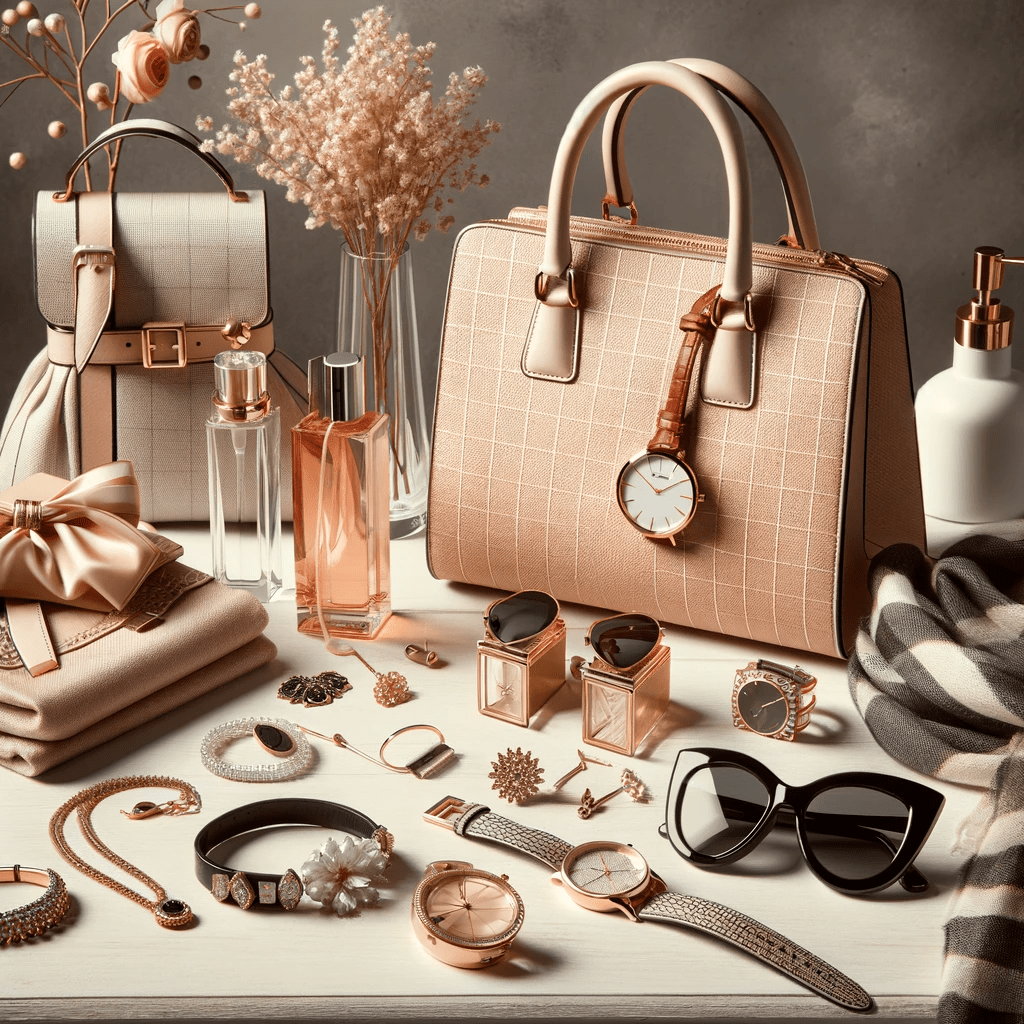 A sophisticated display of elegant accessories, including jewelry, watches, sunglasses, scarves, and handbags, arranged in a minimalist and stylish manner. The image embodies the essence of fashion-forward accessorizing, showcasing how these items can elevate and refine one's personal style.