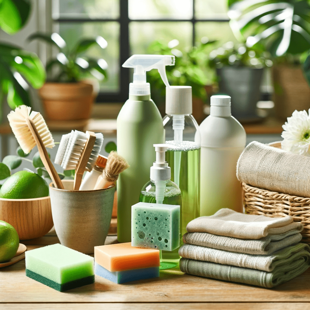 A collection of eco-friendly household cleaning products, including biodegradable soaps, natural detergents, and reusable cloths, set in an environment that emphasizes sustainability. The image highlights the benefits of green cleaning products, surrounded by natural elements like plants, symbolizing a commitment to a greener, healthier home.