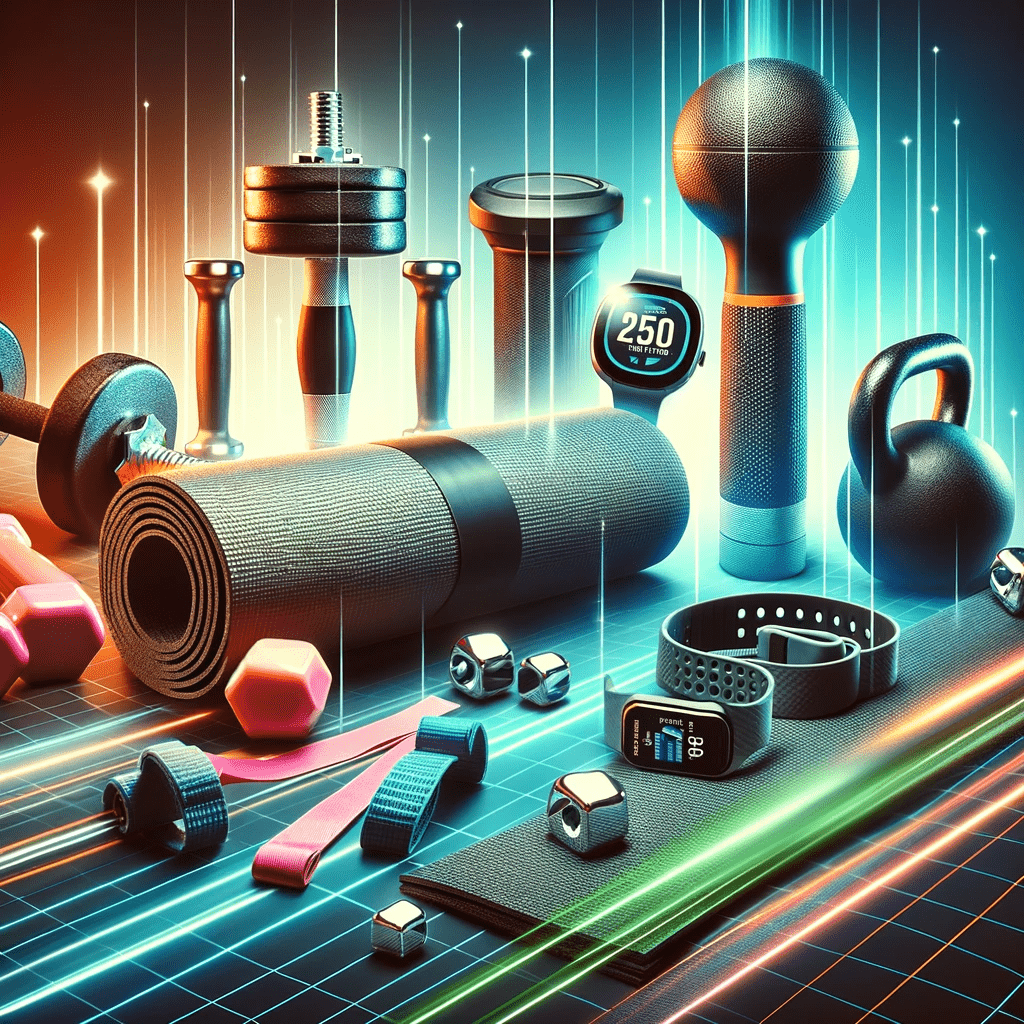 A dynamic display of various fitness accessories including dumbbells, resistance bands, yoga mats, kettlebells, and a fitness tracker, arranged to motivate and inspire effective home workouts. The image appeals to fitness enthusiasts, emphasizing the importance and benefits of these accessories in personal exercise regimes.