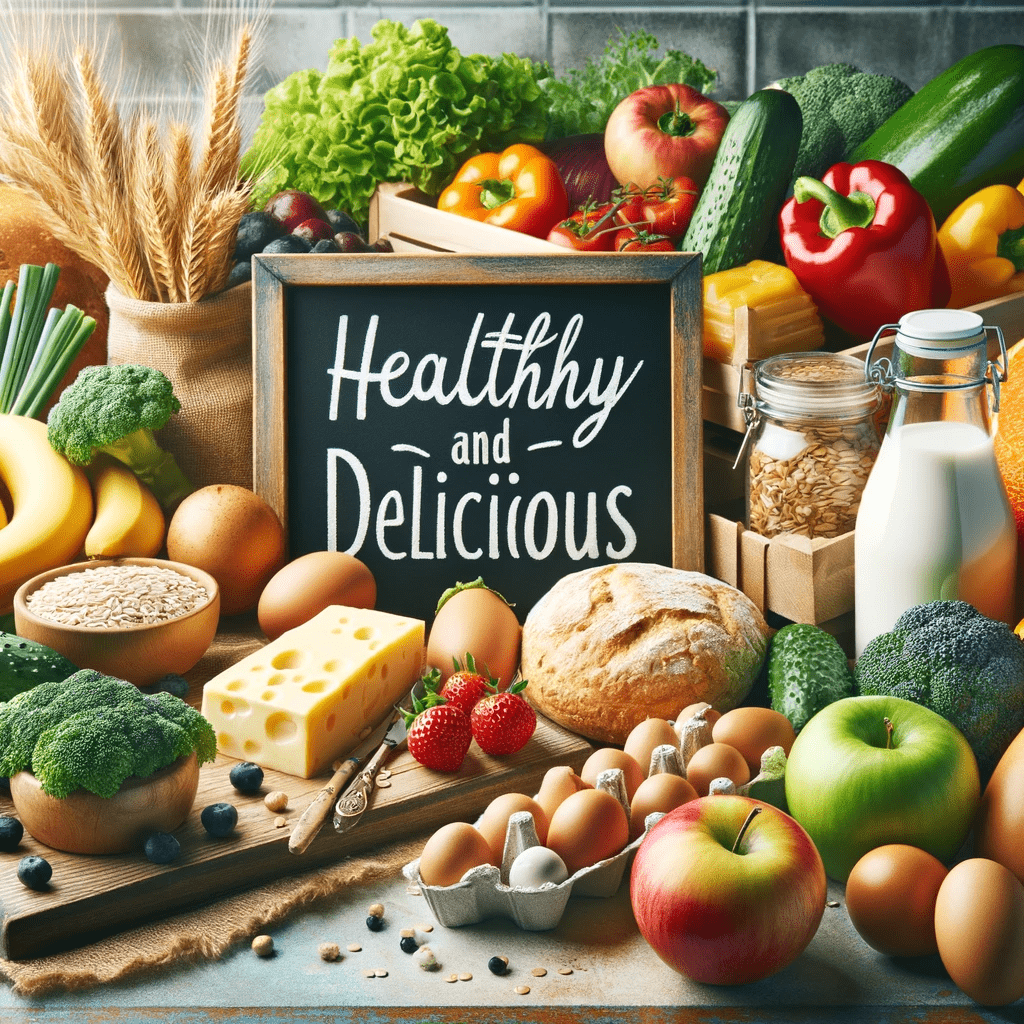 A vibrant display of organic foods including fresh fruits, vegetables, grains, and dairy products, showcased in either a kitchen or a market setting. The image emphasizes the freshness and nutritional value of organic options, appealing to those dedicated to a healthy and natural lifestyle.