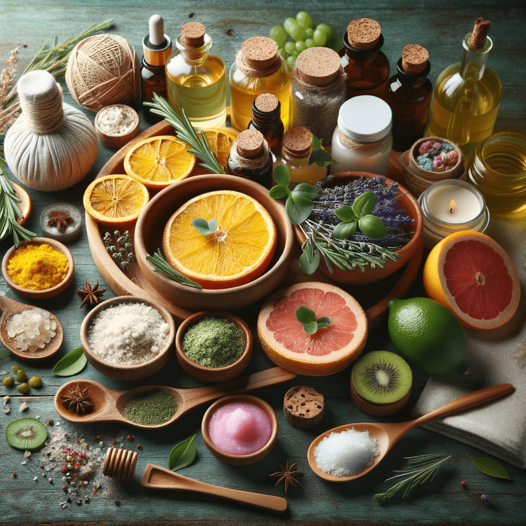 A serene display of natural ingredients and DIY beauty products, including essential oils, herbs, fruits, face masks, and scrubs, set in a spa-like environment. The image embodies the concept of organic self-care, highlighting the simplicity and benefits of using natural products in beauty routines.