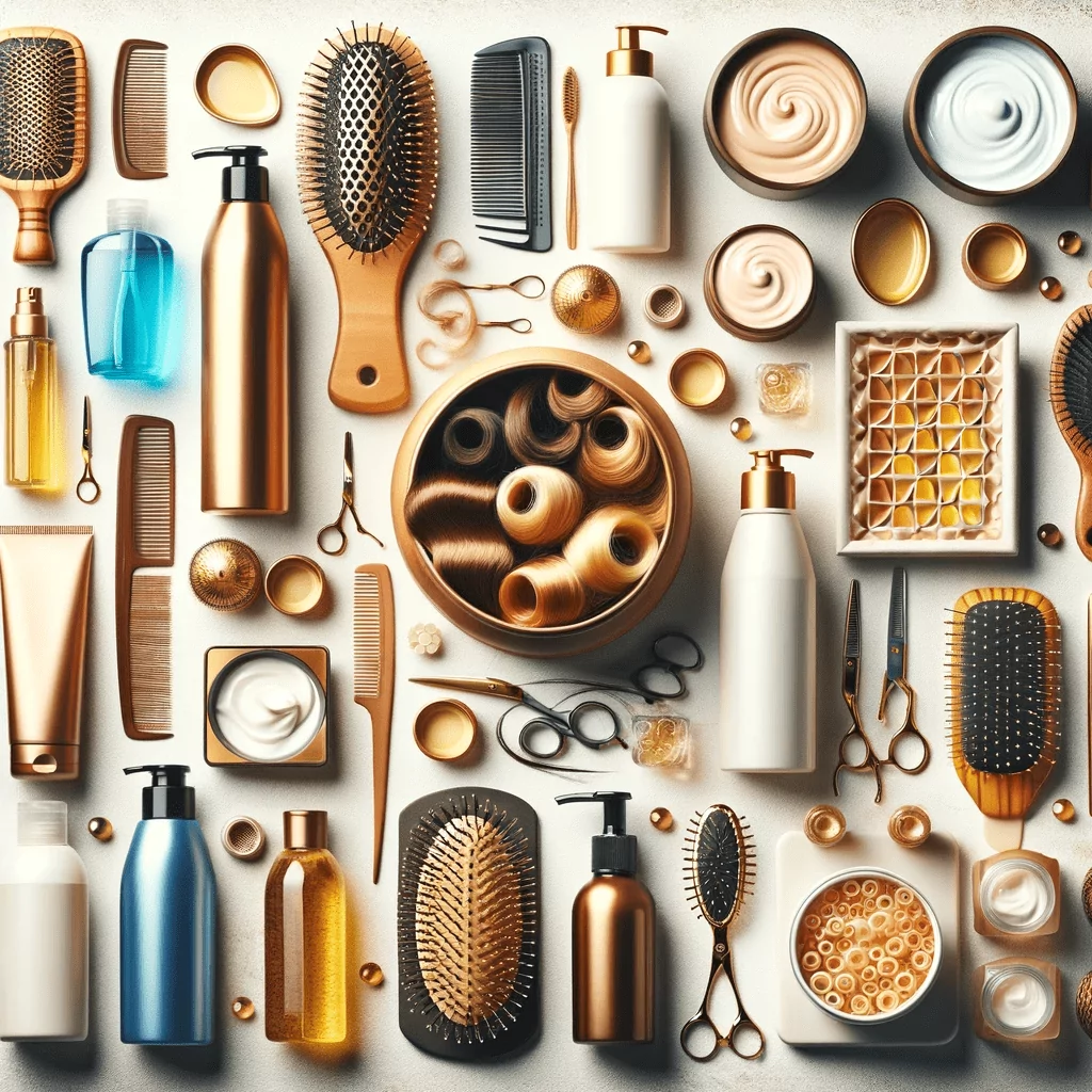 An array of hair care essentials, including shampoos, conditioners, hair masks, combs, and brushes, organized elegantly to cater to various hair types. The image portrays a sophisticated approach to hair care, focusing on products that enhance hair health and beauty, suited for individuals seeking tailored routines for their specific hair needs.