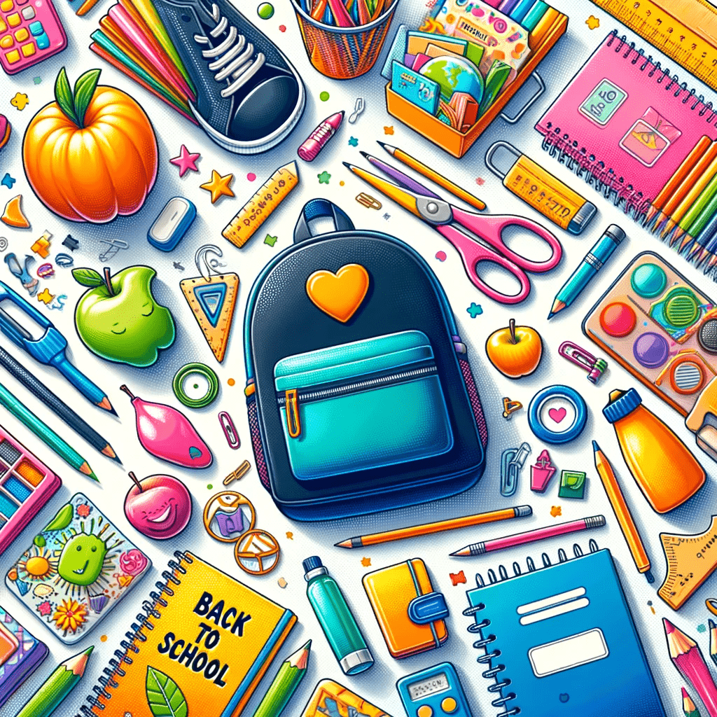 A lively and colorful array of back-to-school essentials, including notebooks, pencils, backpacks, and lunch boxes, arranged to capture the excitement of preparing for a new school year. The image targets parents, showcasing a variety of school supplies needed for their children's academic success.