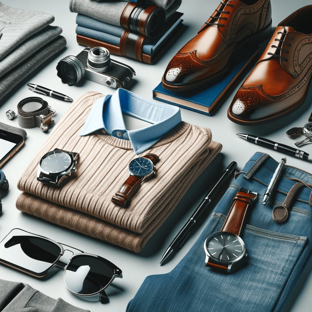A curated collection of trendy men's fashion items for the upcoming season, featuring stylish clothing, shoes, and accessories. The image presents a sophisticated look at the latest fashion trends, tailored for a style-conscious male audience seeking to stay ahead in the fashion game.