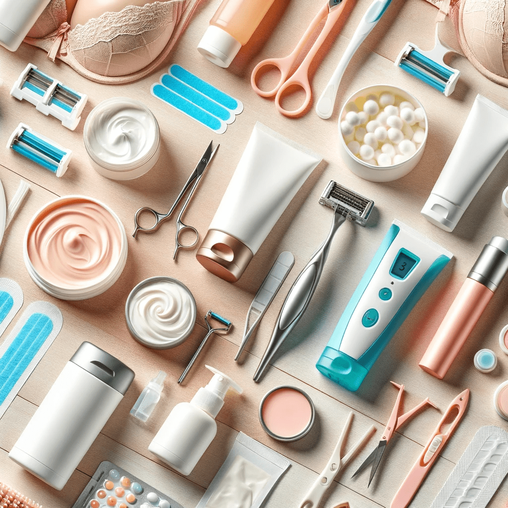 A range of hair removal products and tools, including razors, waxing strips, hair removal creams, and laser devices, neatly displayed. The image conveys a sense of personal care and hygiene, targeting an audience seeking effective and diverse hair removal techniques.