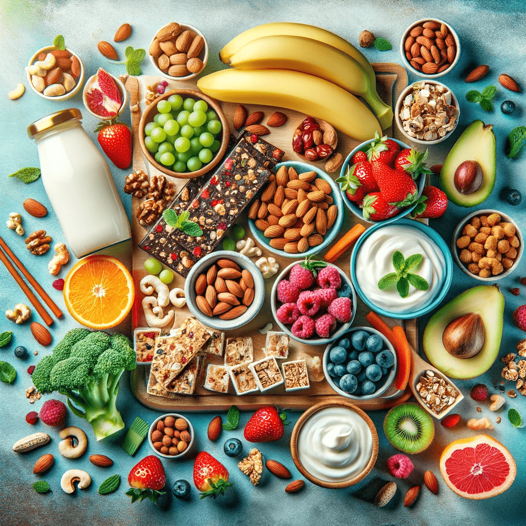 A colorful array of healthy snacks including fresh fruits, nuts, yogurt, granola bars, and vegetable sticks, displayed in a convenient and appetizing way. The image highlights the importance of quick, nutritious snacking for people with busy schedules, emphasizing health and convenience.