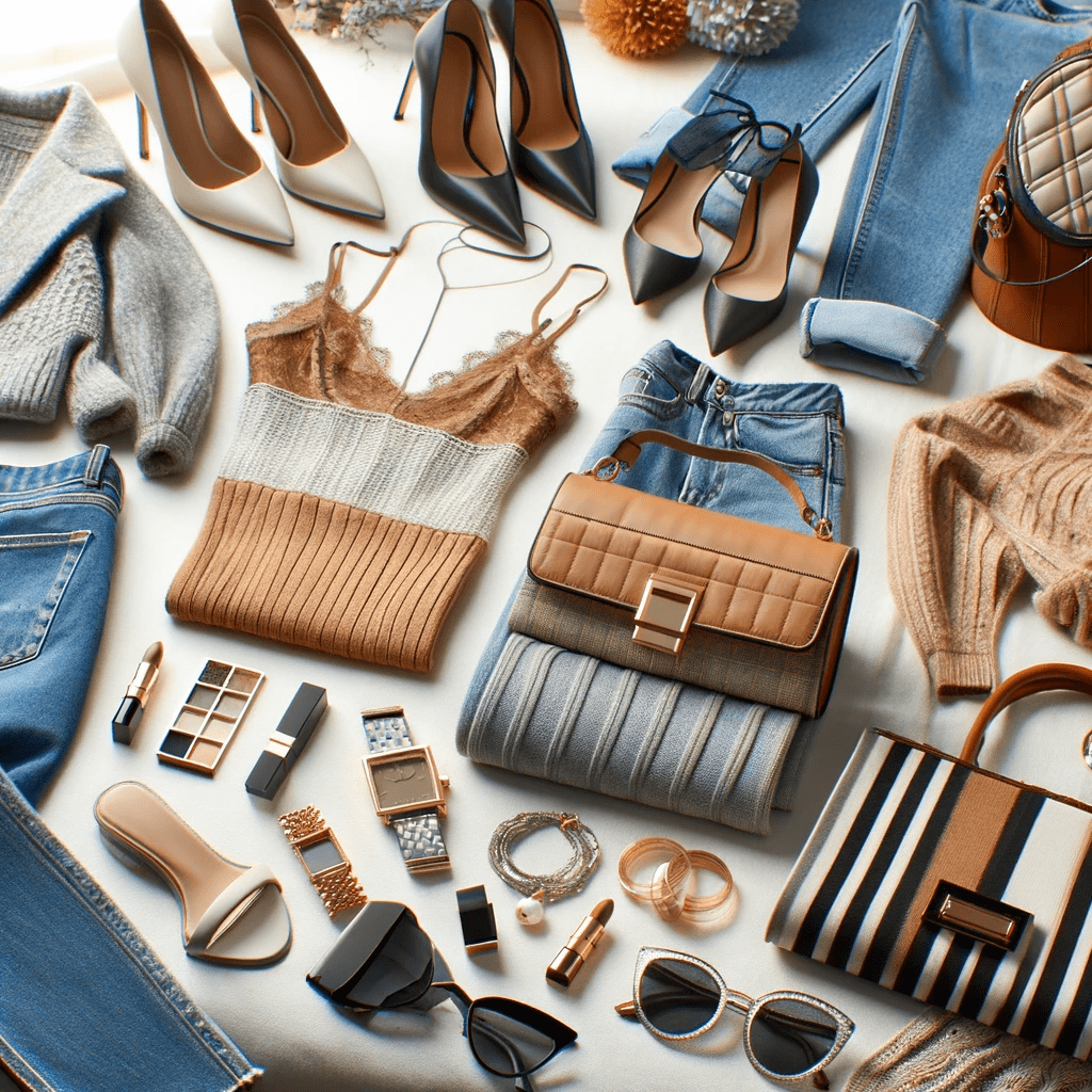 A fashionable display of women's seasonal clothing, shoes, and accessories, blending casual and elegant styles. The image portrays a chic and modern fashion sense, highlighting trendy items for a fashion-forward audience, in line with the latest style trends.