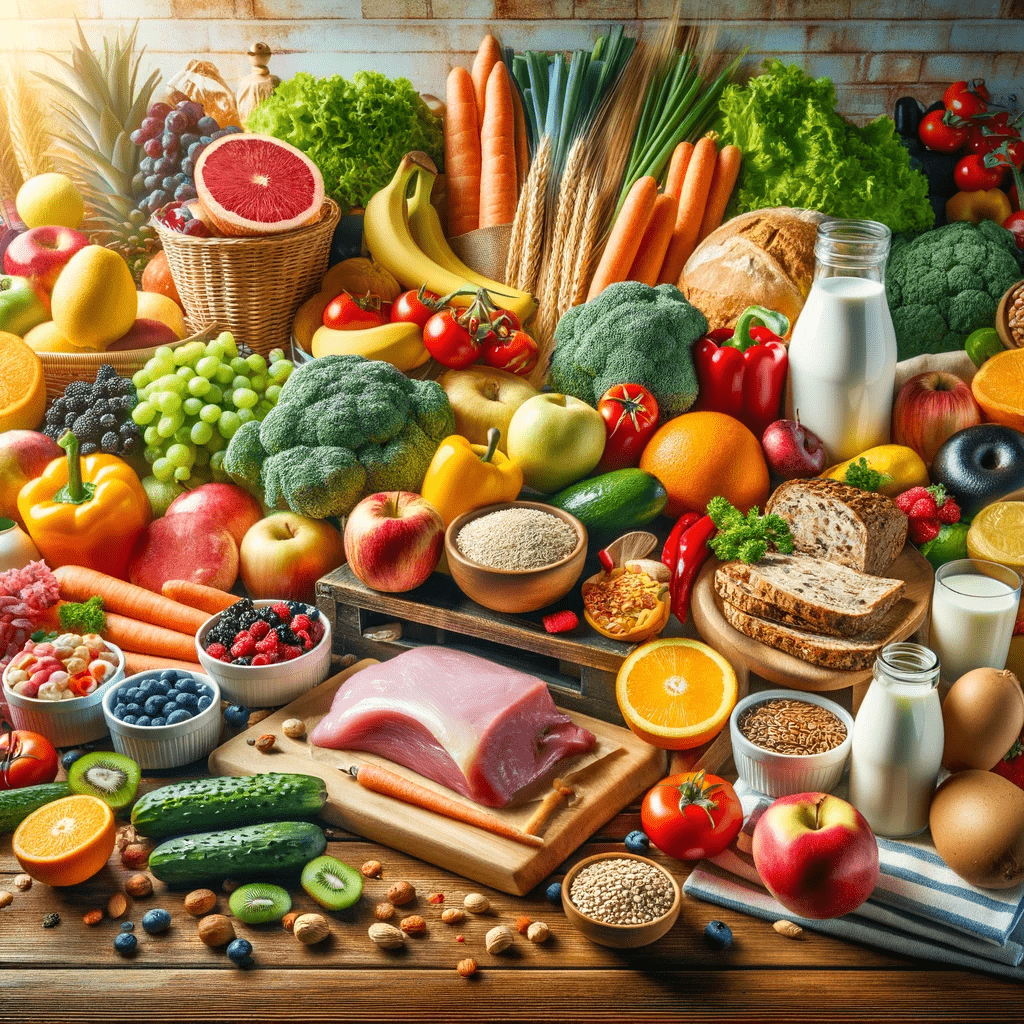 A vibrant and colorful array of essential groceries for a balanced diet, featuring fresh fruits, vegetables, whole grains, dairy products, and lean meats, artistically arranged on a wooden surface, symbolizing health and nutrition.