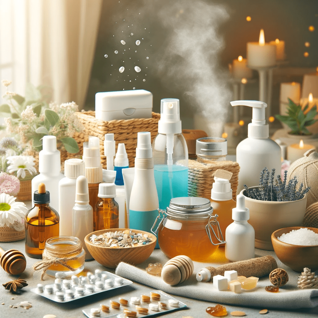 An array of allergy relief products, including antihistamines, nasal sprays, air purifiers, and natural remedies like honey and herbal teas. The image creates a calming and therapeutic atmosphere, reflecting a focus on health and wellness for those suffering from seasonal allergies, with elements symbolizing different seasons.