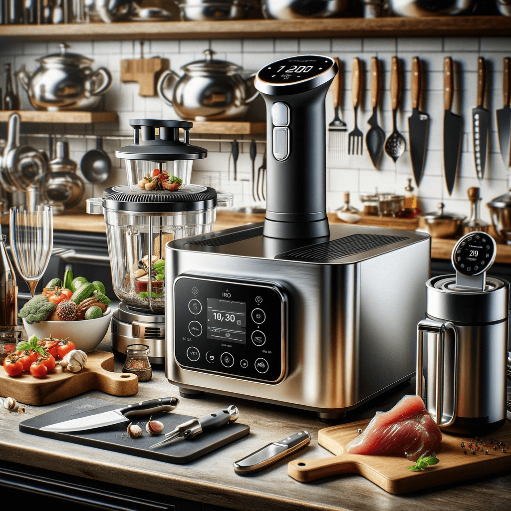 An elegant display of advanced kitchen tools essential for gourmet cooking, including a sous vide machine, high-end blender, precision knives, and a digital kitchen scale. Set in a modern kitchen environment, the image reflects a professional culinary setting, appealing to home cooks eager to elevate their cooking skills with these sophisticated gadgets.