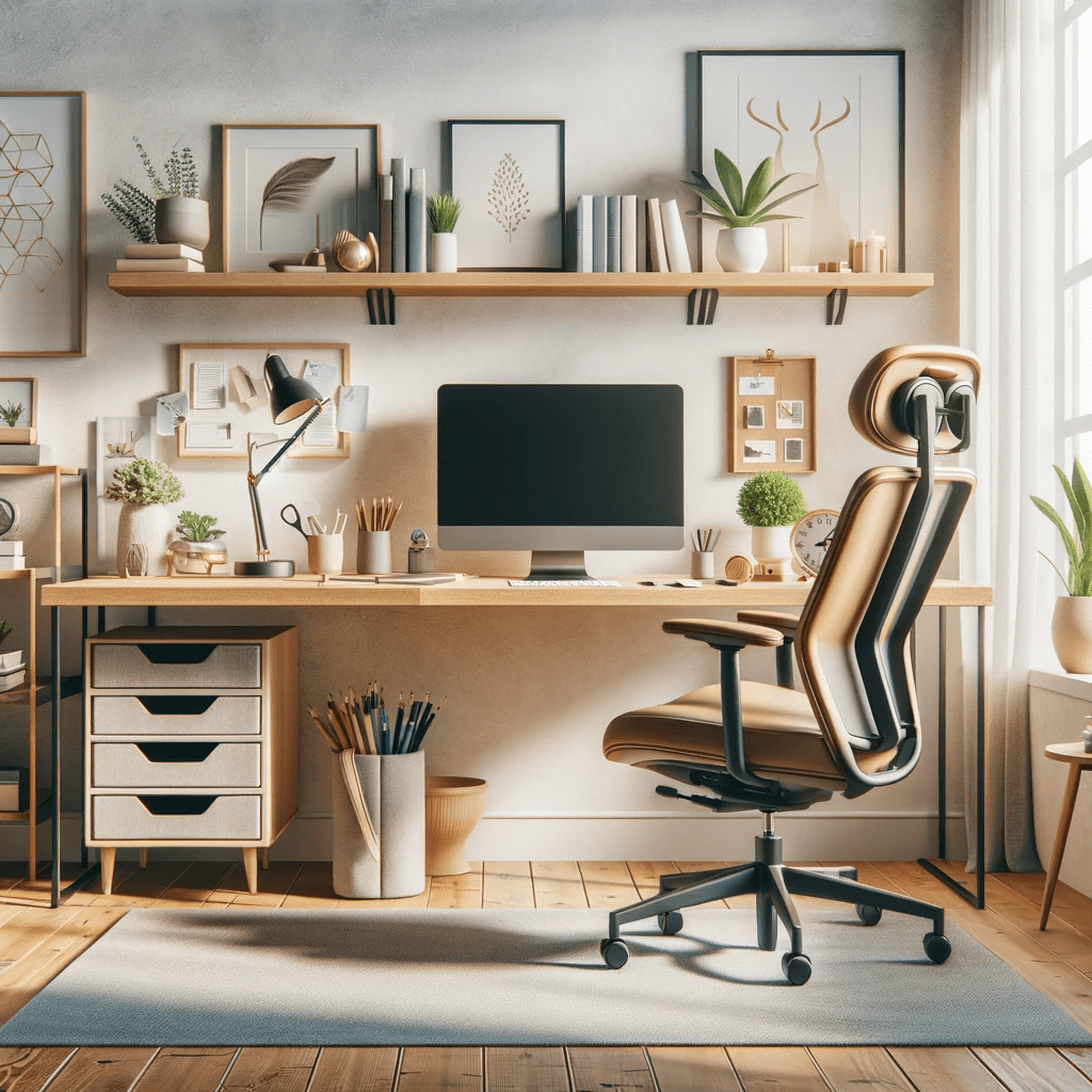 A thoughtfully arranged home office space featuring a desk, ergonomic chair, computer, and essential stationery, complemented by decorative elements like plants and artwork. The image exudes a sense of organization, productivity, and personal style, ideal for those aiming to create an efficient yet stylish work environment at home.