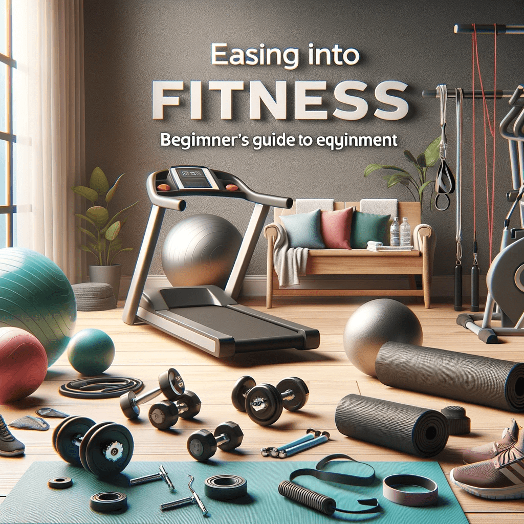 An array of beginner-friendly gym equipment, including dumbbells, a yoga mat, resistance bands, a stability ball, and a treadmill, set in a gym environment. The image is motivational and educational, designed to demonstrate the use and benefits of each piece of equipment, encouraging those new to exercise and seeking guidance on how to use gym equipment effectively.