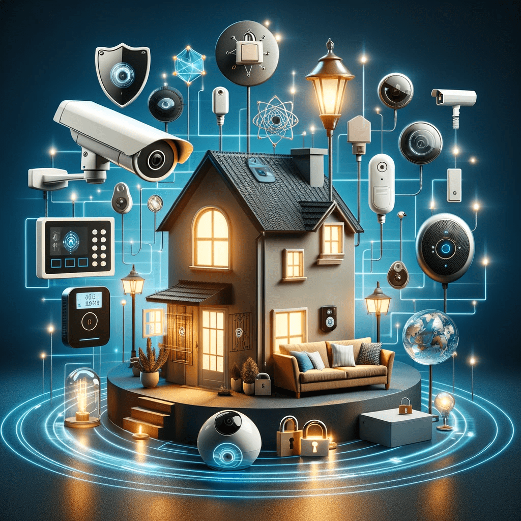 Various home security products including surveillance cameras, alarm systems, smart locks, and motion sensors, showcased in a home setting. The image communicates a sense of safety and protection, illustrating how these devices work together to create a secure home environment, aimed at an audience seeking to enhance their home's security.