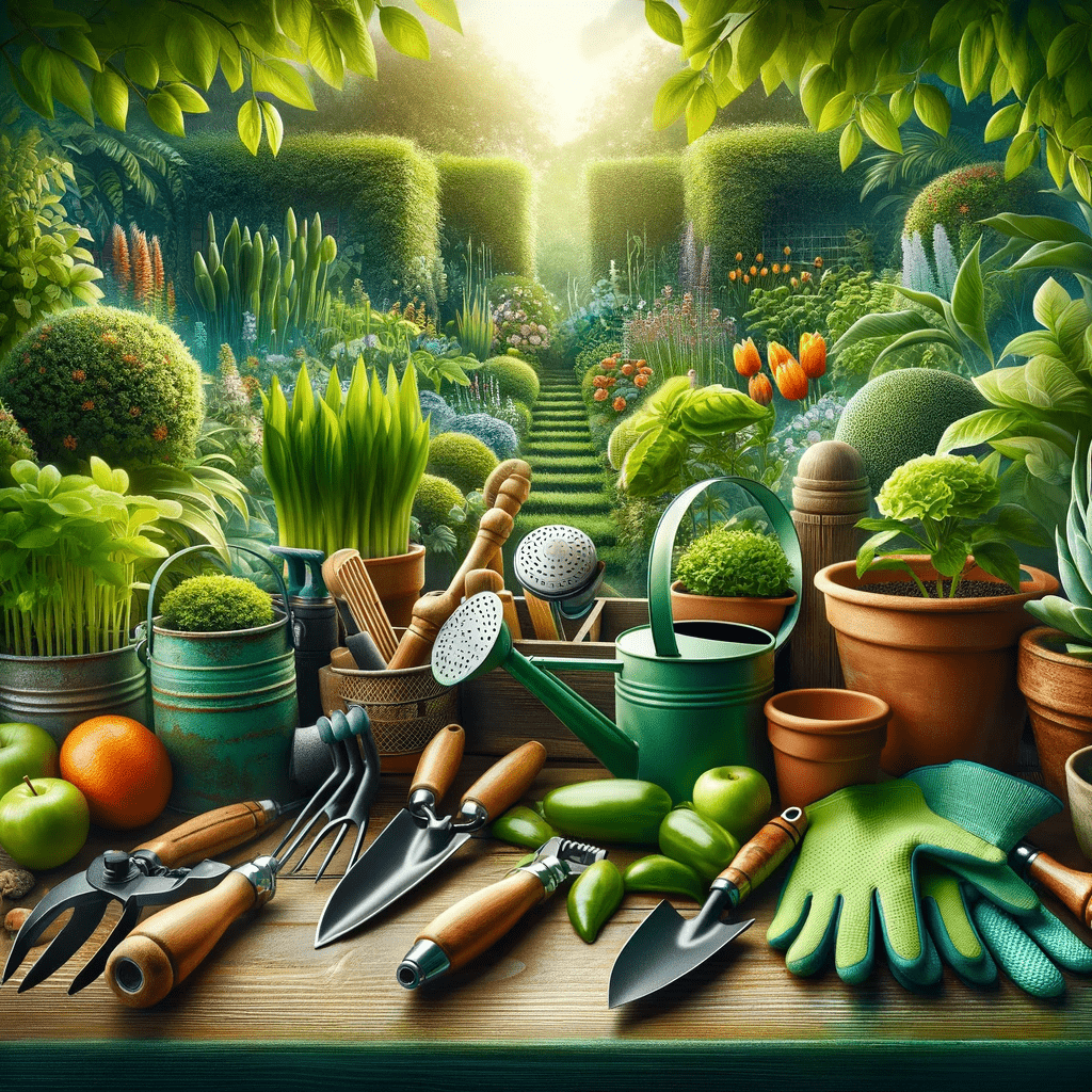 A collection of fundamental gardening tools, including trowels, pruning shears, gloves, watering cans, and pots, set against the vibrant greenery of a flourishing garden. The image encapsulates the joy and fulfillment of gardening, symbolizing growth and care, and is perfect for those seeking to cultivate their gardening skills.