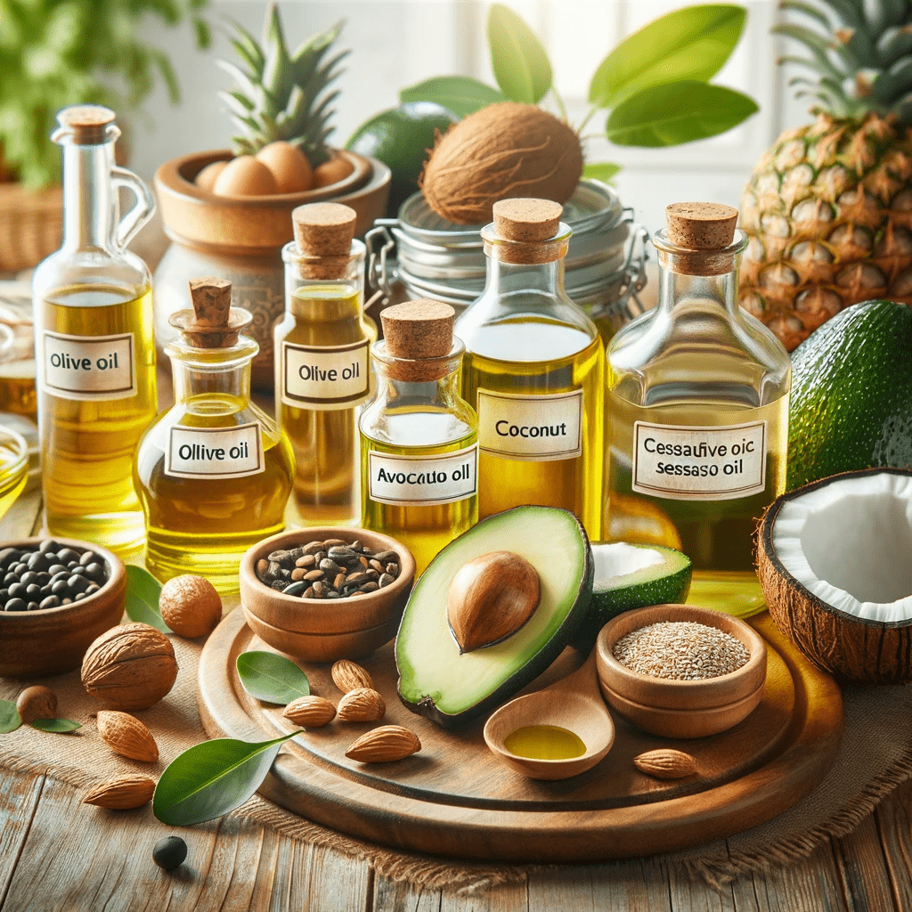 A collection of essential cooking oils including olive oil, coconut oil, avocado oil, and sesame oil, each presented with information about their health benefits. The image combines educational and aesthetic elements, set against a kitchen or natural backdrop, emphasizing the oils' nutritional values and their role in healthy cooking.
