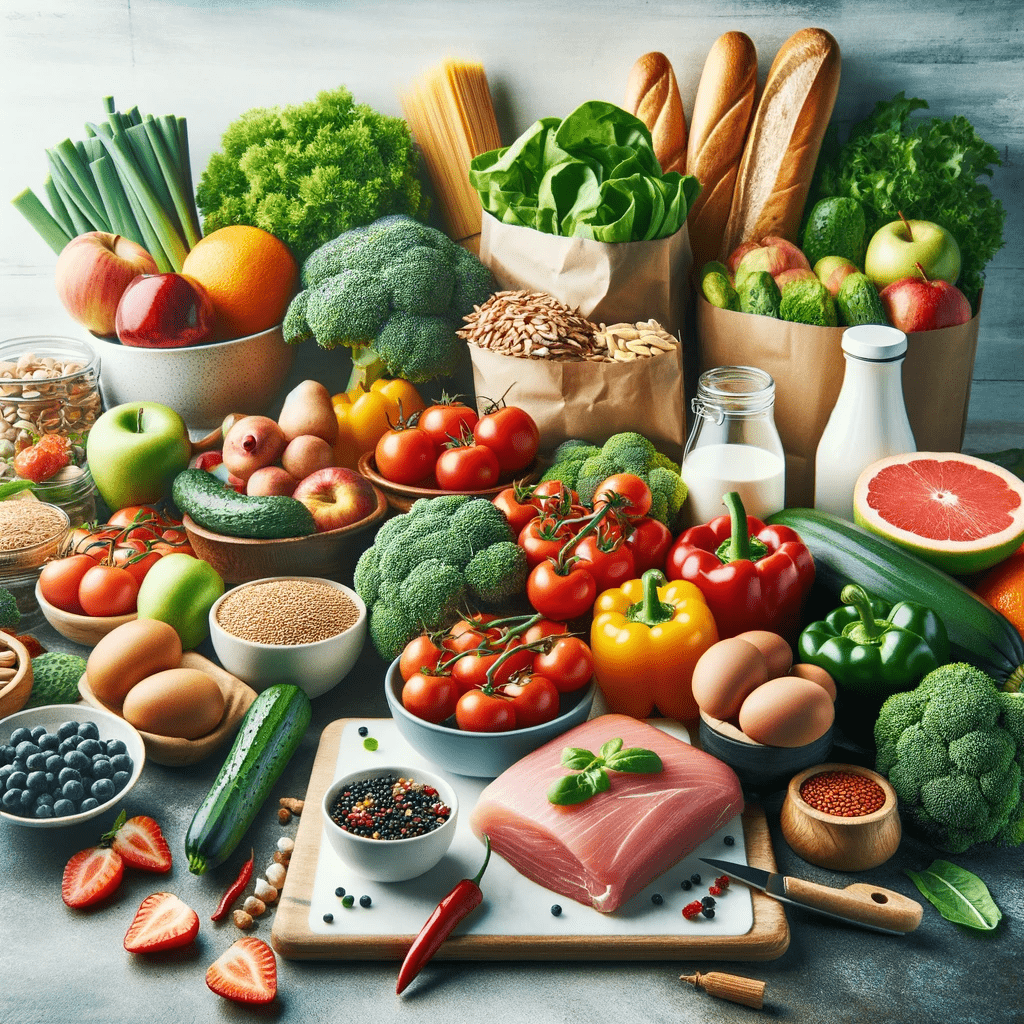 A vibrant and well-organized display of essential grocery items for healthy meal planning, including fresh fruits, vegetables, whole grains, lean proteins, and dairy products. The setting, either a kitchen or a grocery store, emphasizes the importance of choosing the right ingredients for a balanced diet, appealing to those focused on nutrition and effective meal planning.