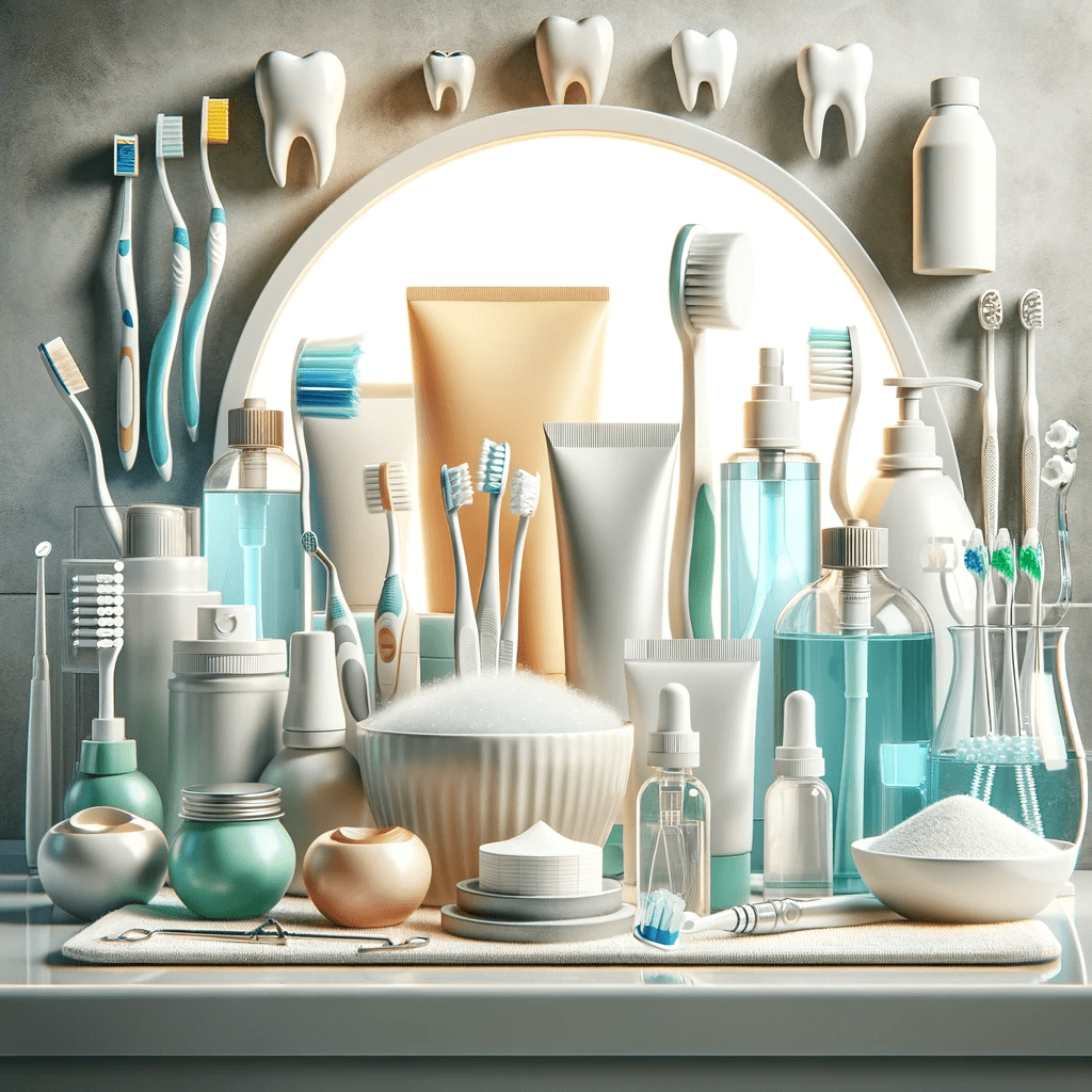 An assortment of dental care products, including toothbrushes, toothpaste, dental floss, and mouthwash, arranged in a clean bathroom or dental clinic setting. The image underscores the significance of maintaining oral hygiene, focusing on the use of effective dental care products as part of best dental practices, aimed at an audience devoted to their dental health.