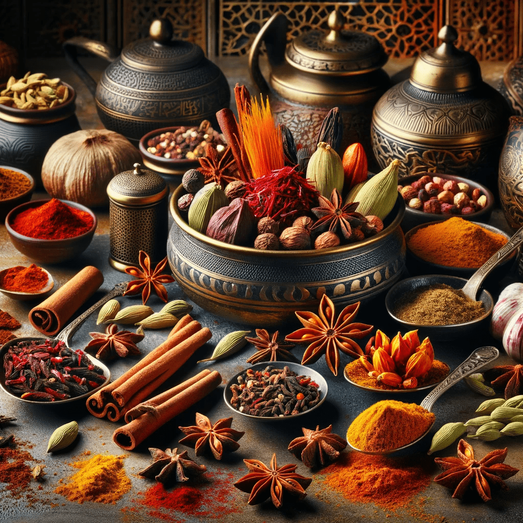 A captivating display of exotic spices from around the world, including saffron, cardamom, star anise, and sumac. The image portrays a rich tapestry of colors and textures, symbolizing a culinary adventure and diversity. Set in either a spice market or a kitchen environment, it invites cooking enthusiasts and food explorers to discover and experiment with these unique and flavorful spices.