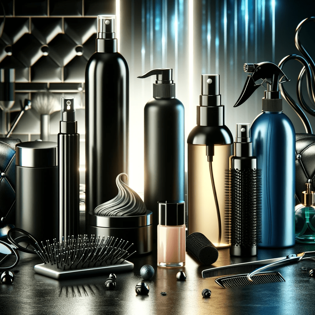 A selection of top hair styling products, including hair sprays, gels, mousses, and pomades, displayed in a modern and fashionable setting. The image emphasizes the effectiveness and versatility of these products in creating diverse and perfect hairstyles, appealing to individuals passionate about hair styling and fashion trends.