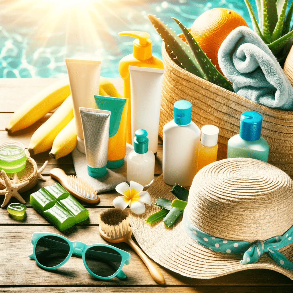 A lively display of summer skincare products, including sunscreen, hats, sunglasses, and after-sun aloe vera gel, set against a summery, outdoor backdrop. The image highlights the importance of protecting and nourishing the skin during hot summer days, with a beach or poolside vibe that emphasizes the necessity of sun care for maintaining healthy skin throughout the summer.