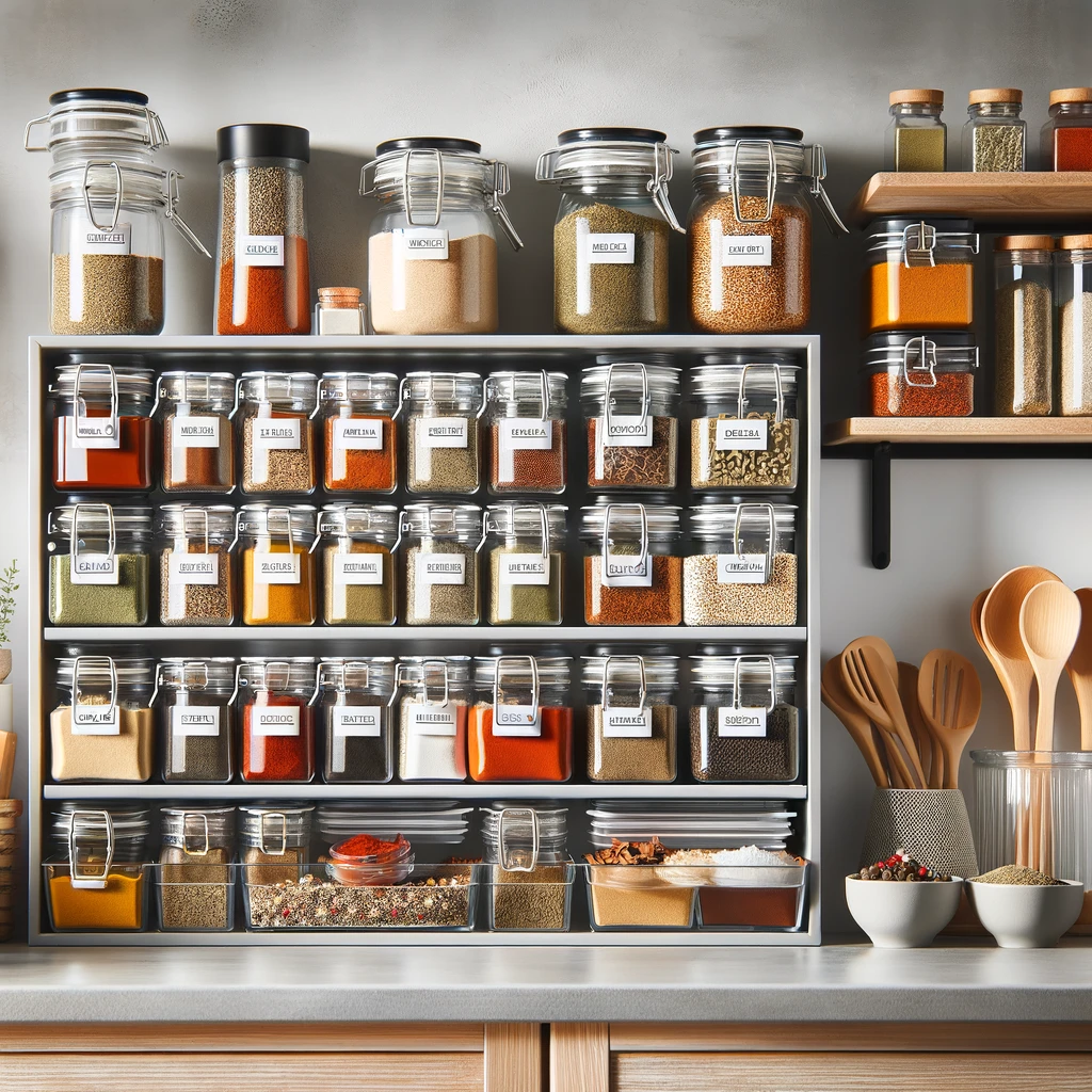 An array of Catch N Pack spices neatly stored in airtight containers, spice jars, and racks within a kitchen setting. The image showcases an organized storage solution, with shelves or drawers filled with labeled spice containers, illustrating a practical and visually appealing method to keep spices fresh and preserve their quality.