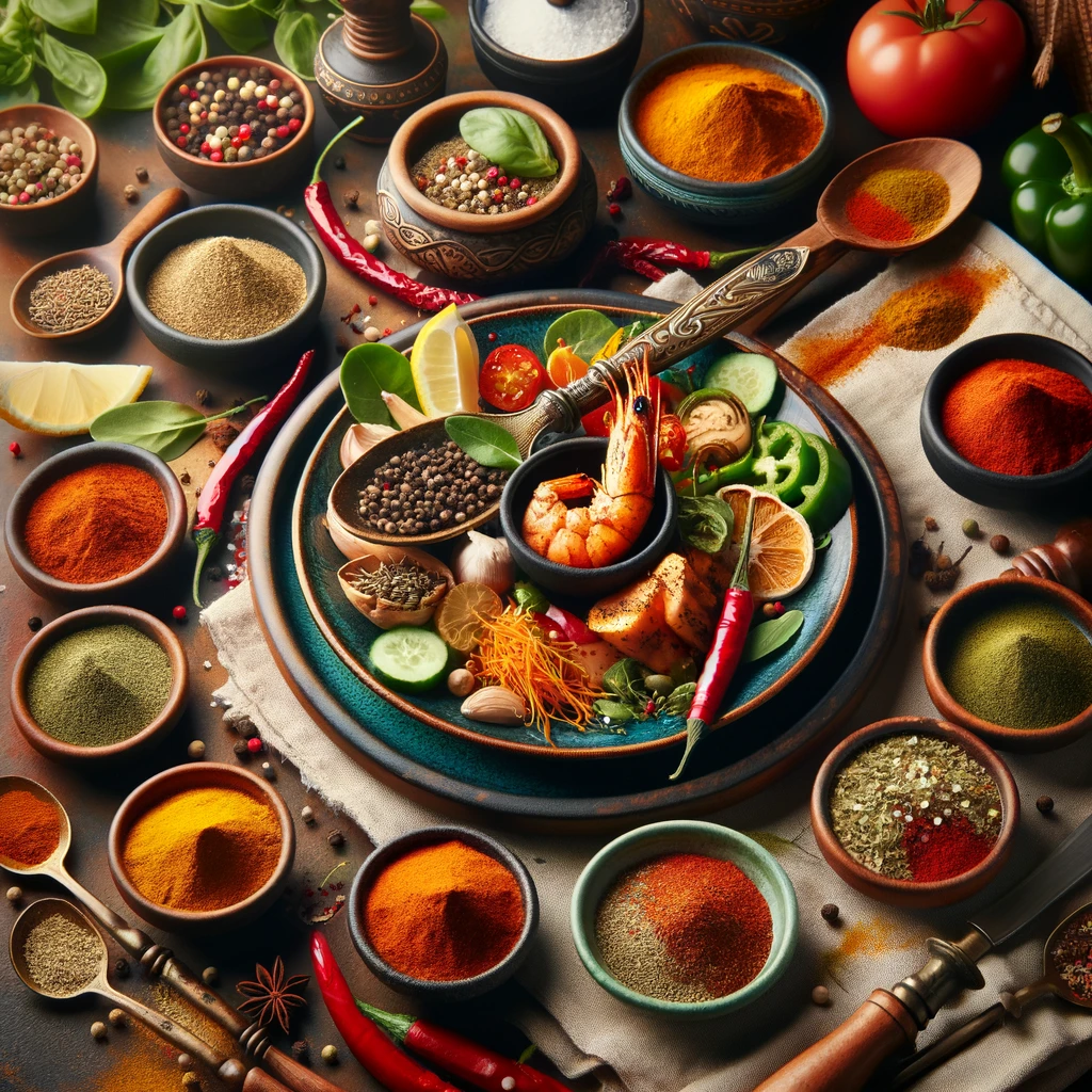 A vibrant tableau showcasing a variety of spices next to dishes they enhance, illustrating the art of spice pairing. Set in a kitchen or on a dining table, the arrangement highlights how different spices can elevate the flavors of various meals. This image invites culinary enthusiasts to delve into the synergy between spices and food, appealing to those keen on refining their cooking with strategic and thoughtful spice pairings.