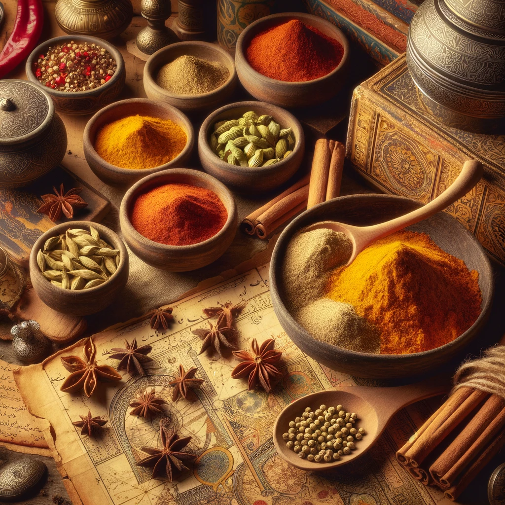 A rich display of popular Pakistani spices, including turmeric, cardamom, cumin, coriander, and chili powder, set against a backdrop of traditional Pakistani elements like ancient manuscripts, maps, and artifacts. This image evokes the deep tradition and history of these spices, emphasizing their cultural significance and origins in the rich tapestry of Pakistani cuisine.