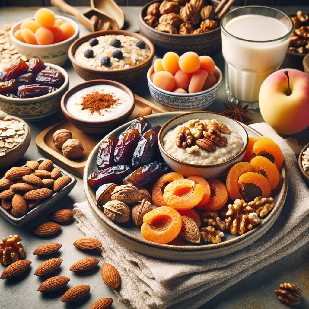 A variety of dry fruits and nuts, such as dates, almonds, walnuts, and apricots, artfully arranged with healthy Suhoor dishes like oatmeal, yogurt, or smoothies. The setting captures the serene atmosphere of a dawn breakfast table, emphasizing the importance of a balanced and nutritious meal to start the day during Ramadan, providing energy and health benefits.