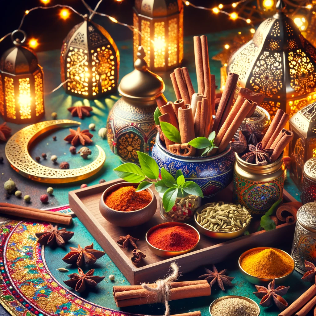 A vibrant display of essential spices for Ramadan cooking, including cumin, coriander, cardamom, cinnamon, and cloves, complemented by festive Ramadan-themed decorations like lanterns and crescent moons. The image captures the spirit of Ramadan and the richness of its cuisine, appealing to those preparing for the holy month and seeking to create authentic and flavorful meals.