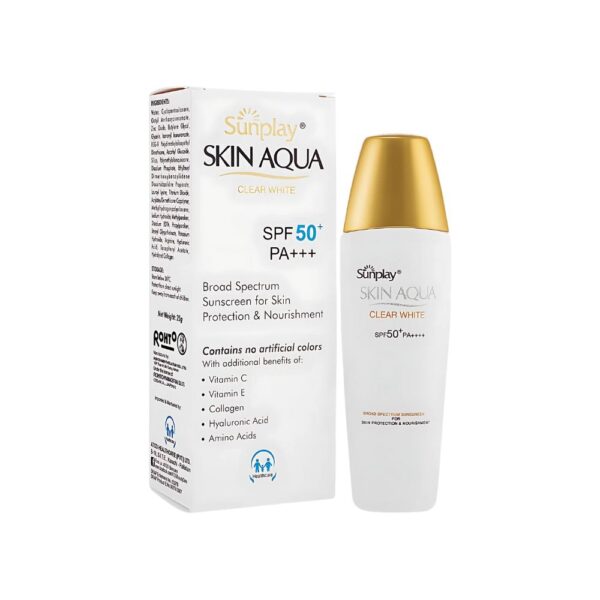 ATCO Skin Aqua Clear White SPF 50 25g – Lightweight sunscreen with vitamins and collagen for sun protection and glowing skin.