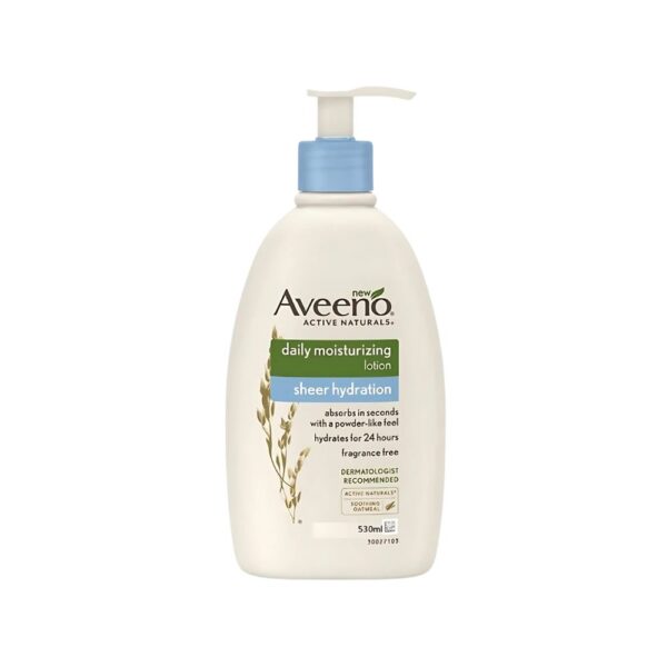 Aveeno Body Sheer Hydration Lotion 530ml – Lightweight lotion with oat for dry, sensitive skin and 24-hour moisture.