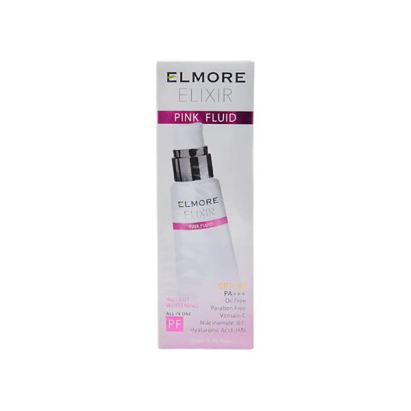 Elmore Elixir Pink Fluid SPF 50 – Oil-free sunscreen for glowing skin and sun protection.