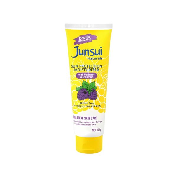 Junsui Whitening Sun Moisturizer 100g – SPF face and body cream with mulberry and yam bean extracts for glowing and protected skin.