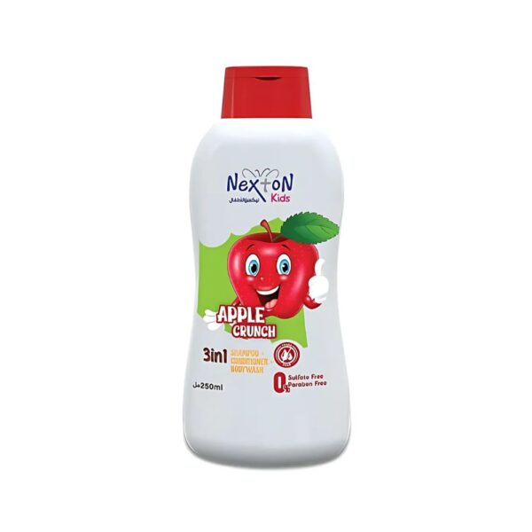 Nexton Kids 3 in 1 Shampoo Apple Crunch 250ml – Tear-free apple-scented shampoo, conditioner, and body wash for children.