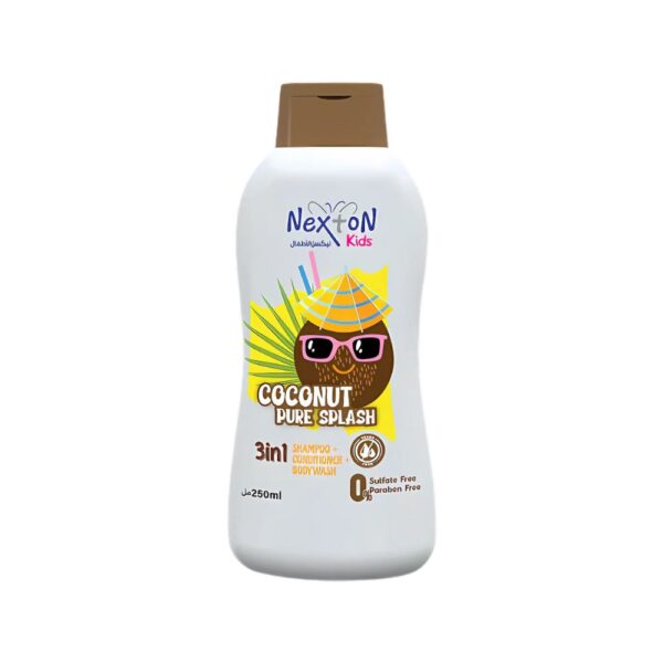 Nexton Kids 3 in 1 Shampoo Coconut 250ml – scented tear-free shampoo, conditioner, and body wash for children.