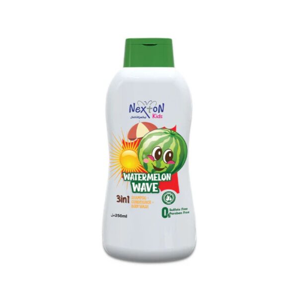 Nexton Kids 3 in 1 Shampoo Watermelon 250ml – Tear-free watermelon-scented shampoo, conditioner, and body wash for children.