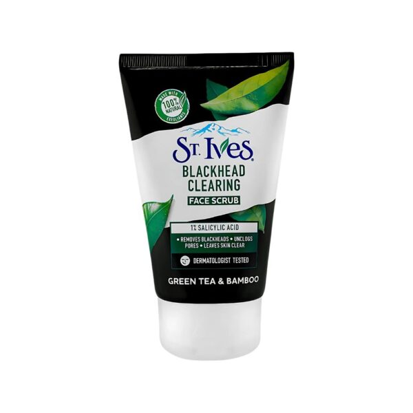 St. Ives Blackhead Clearing Face Scrub 100g – Face scrub with bamboo, walnut, and salicylic acid for blackhead removal and smooth skin.