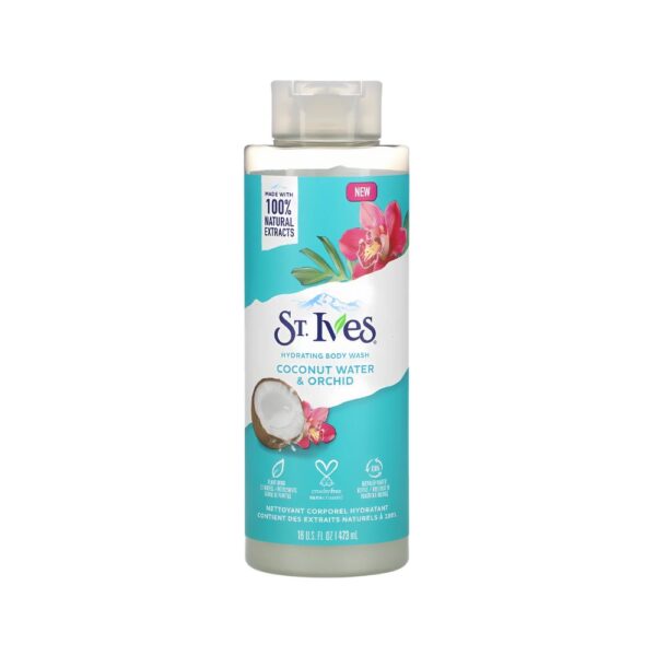 St. Ives Coconut Water & Orchid Body Wash 473ml – Hydrating floral body wash with soft lather for smooth and refreshed skin.
