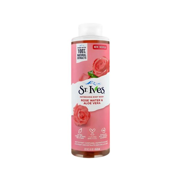 St. Ives Rose Water & Aloe Vera Body Wash 650ml – Refreshing floral cleanser for soft, smooth skin with calming aloe and rose.