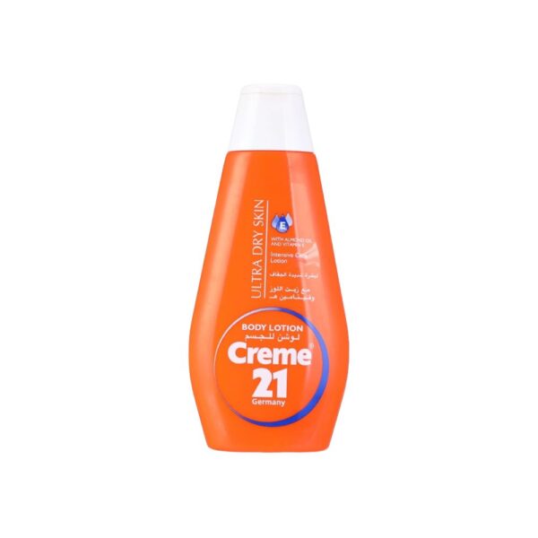 Creme 21 Body Lotion Ultra Dry Skin 400ml – rich Vitamin E and Almond Oil formula for deep hydration and softness.